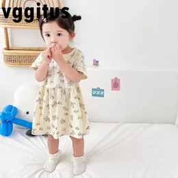 Flicka klänningar koreansk stil sommar baby casual klänning aprikos khaki söt tryck rund krage kort ärm barn kläder e2241