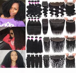 Brasilianskt mänskligt hår wefts med stängning Deep Wave Curly Virgin Hair Bunds med 13x4 spets frontala människohårväv med 360 spets6596905