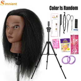African Mannequin Head 100%Real Hair Hairdresser Training Head With Tripod Manikin Cosmetology Doll Head For Braiding Styling 240403
