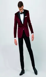 Airtailors Vintage Vintage Velvet Şarap Kırmızı Tepe Çamur Smokin Erkekler için Damat Giyim Özel Make Jacketpantbow2292700