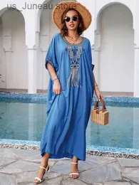 فساتين أساسية غير رسمية أنيقة زرقاء O-Neck Progrider Beach Dresses Kaftan For Women Beachwear 2024 Summer Autumn Retro Robe Broose House Dress Q1585 1 T240415