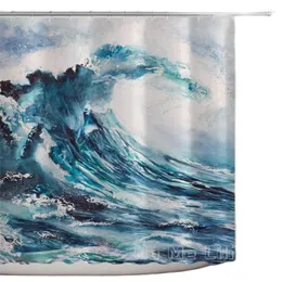 Shower Curtains Sea Wave Watercolor Painting Print Polyester Fabric Bathroom Decor Set With Hooks Blue