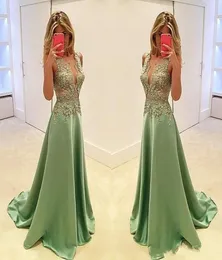 2020 Sexy Elegant Olive Green Evening Abites indossano Appliques in pizzo satinato per perline abiti da ballo con manicotta