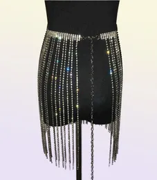 Glitter Rhine Long Tassel Saias de jóias de cristal Diamantes de cristal Fringe Ajustável Mulheres sexy Summer Beach Biquíni Mini -saia T2208195354276