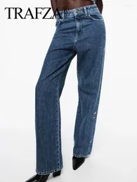 Женские джинсы Trafza Осенняя женская джинсовая джинсовая ткань высокая талия женщина -брюки, копание заклепки, украшения стройной прямой нога, y2k