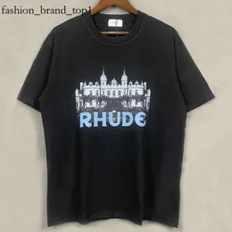 Rhude Shirt Castle Coconut Tree parapeum Scenic swobodny luźne rhude męskie koszulę oddychającą krótkie rękawe T -koszulka mężczyźni kobiety pary top 7147