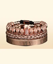 3PCSSET Micro Pave CZ Crown Roman Numeral Mens Braceletsステンレス鋼クリスタルバングルカップルハンドメイドジュエリーギフト7168711