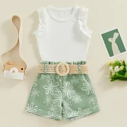 Kläder sätter tregren småbarn flickor sommarutrustning ruffle tank tops och blommor tryck shorts med bältesmode spädbarn baby kläder