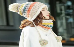 Nuove donne invernali cappello da pompaggio e sciarpa set ragazze più velluto berretto caldo berretto da donna cappelli invernali inverno a maglia 2 pezzi set5328075