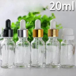 Garrafas de armazenamento líquido de vidro de 20 ml com pipeta de olho vazio Óleos essenciais de garrafa de garrafa tampas de prata preta dourada