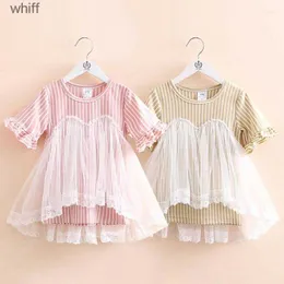 Girl's Dresses Girl Dresses 2024 Summer 2 3 4 5 6 7 8 9 10 Years Children Stripe Pattern Lace Patchwork Flare Short Sleeve Mesh Dress For Kids Baby C240413