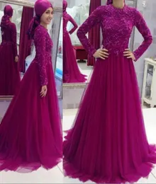 2020 Vestidos de noite roxa muçulmana árabe Jewel Anex Applique Aplique Applique Tulle Floor Lenght Prom Party Distra personalizada Made4141593