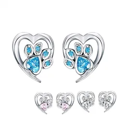 Blue Crystal Pet Paw Stud Earrings for Girl Heart Shape CZ Footprint Ear Studs Jewelry Women Design Bijoux SCE65432155088566461