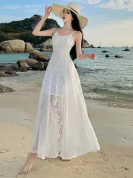 الفساتين غير الرسمية عتيقة بيضاء بلا أكمام عاجزة الدانتيل جنية طويلة اللباس