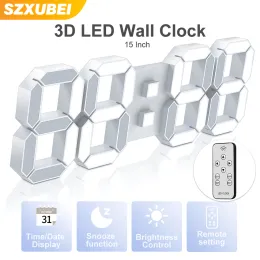 클럭 3D LED 벽 시계 원격 제어 알람 클록 시계 시간/날짜/온도 디스플레이 벽지 용 클럭 현대 디자인이있는 대형 디지털 벽 시계