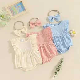 Ставка одежды Baby Girl 2 Piece Otbits круглой шею отделка рукавов с твердым цветом Romper 3D Bow Hangd