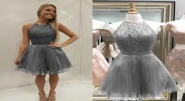 Silver Gray Beading Organza Homecoming Dresses Jewel Halter Pleated Champagne Pink Short Prom Dresses Party Dresses3966184