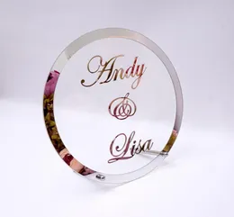 Rund anpassat bröllopsnamn Mirror Frame Akrylklistermärke Babyshower Word Sign Circle Form Party Decor Plate With Nail6721504