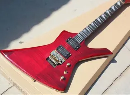 Chitarra rosso chitarra elettrica a forma insolita con 24 tasti, tastiera di palissandro, impiallacciatura in acero fiamma