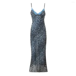Lässige Kleider Boho inspirierte Leopardengedruckte Gurte Maxi Kleid für Frauen V-Ausschnitt Spitze Sex sexy Party Vintage Sommer