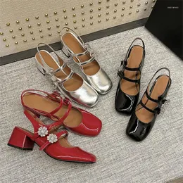 Sandálias verão dividido em couro quadrado de dedão feminina calcanhar calcanhar mary jane para zapatos mujer shinestone