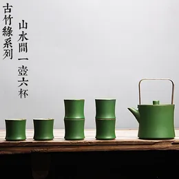 Teaware Sets Ancient Bamboo Green One Pot Six Cups Tea Set Kiln-Formed Pottery Brewing With Strainer Gift Box Package