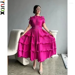 캐주얼 드레스 Yudx Miyake 2024 주름 드레스 슬레 벨러스 느슨한 붕대 디자인 긴 단색 이브닝 파티 여성 패션