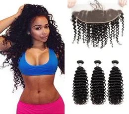 Human Hair Extensions Weft Brazilian Deep Wave Curly 3 wiązki z koronkowym czołowym 13x4 z zamknięciem 4 sztuki2427592