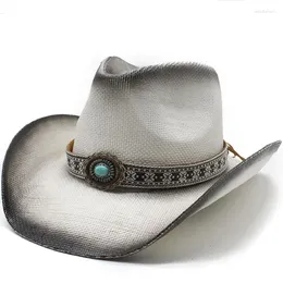 Berets Vintage Retro Irregular Turquoise Beads Leather Belt Hollowed Out Women Men Straw Wide Brim Beach Cowboy Cowgirl Western Sun Hat