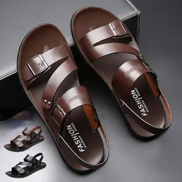 Moda wygodne męskie sandały stały kolor otwartego palca skórzany 2023 kapcie plaża dla obuwia męskiego 240409