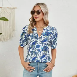 여자 블라우스 여성 티셔츠 스타일리시 한 v- 넥 캐주얼 셔츠 그래픽 프린트 느슨한 착용 튜닉 탑 휴가 파티 짧은 슬리브