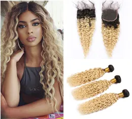 Mokre i faliste ombre blond ludzkie włosy koronkowe zamykanie 4x4 z wiązkami 1B 613 Ombre Peruvian Water Fael Waves 3bundles z CLO6317641