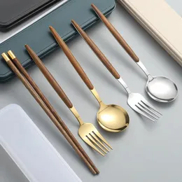 Учетные наборы посуды из нержавеющей стали Студент Портативная посуда творческая деревянная ручка ложки вилочной палочки для палочек на три часа