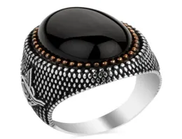 Handgjorda turkiska smycken vintage obsidian ringar för män kvinnor forntida silverfärg svart zirkonguldfärgpärlor muslim 4916278