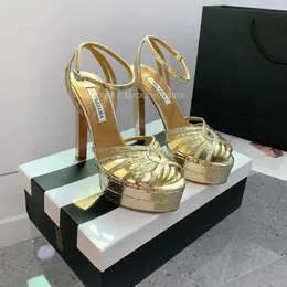 aquazzura 골드 메탈릭 느낌 플랫폼 샌들 140mm 여자 하이힐 샌들 청키 한 블록 힐 발목 스트랩 드레스 신발 펌프 이브닝 슈즈 크기 35-42