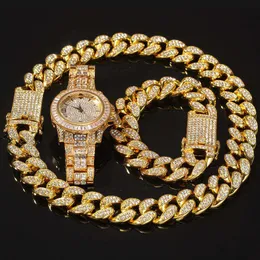 Hip Hop Rose Gold Chain Cuba Link Bracelet Colar Iced Out Quartz Watches Woman and Men Jewelry Set Gift