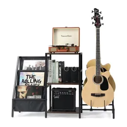 Stand de guitarra multifuncional com 2 camadas para guitarra acústica, guitarra, baixo e armazenamento de recorde de vinil de 3 camadas para registro, suporte de guitarra ajustável