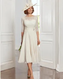 Eleganti abiti da sposa Beige Mother of the Bride Scoop Illusione maniche lunghe ospiti indossare la lunghezza del tè rashing plus size outfit madre formale