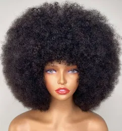 Fluffy Afro Kinky Curly Human Hair With Thick Bangs Natural Short Bob For Black Women 180% Density Full Machine 240401