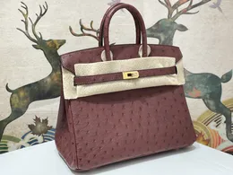Designer -Tasche Marke Handtasche Totes 25 cm Real Strostrich Leder Voll handgefertigt Burgund rot Pinkcolor