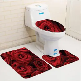 Tappetini da bagno pad di sedile del bagno a tre pezzi ROSSO e nero Romantico simbolo eterno di rose d'amore con gocce di pioggia su petali PO Stampa ruby