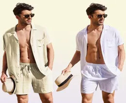 Yaz pamuk keten gömlek seti erkekler rahat açık 2 parça takım elbise ve ev kıyafetleri pijama rahat nefes alabilen plaj kısa kollu setler 25997694