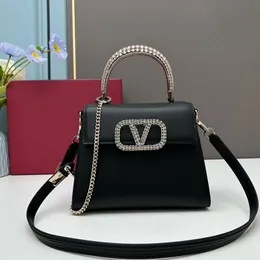 Genuine leather handbag luxury designer tote bags sparkling crystal diamond shoulder wallet fashion V flip metal extended chain crossbody bag 22cm Black wallet