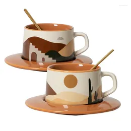 컵 접합기 풍경 세라믹 커피 컵과 접시 세트 레트로 아침 우유 사무실 집의 절묘한 물 부엌 찻잔 선물 픽셀
