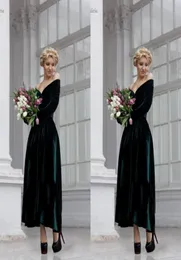 2019 Dark Green Velvet Evening Dress Off The Shoulder Long Sleeves A Line Ankle Length Evening Wear Dressses Prom Party Gowns EN111228286