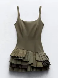 Womens Chic Army Green Suspender Mini Dress Fashion Sleeveless Pleated BodyCon Vestidos Kvinna 2024 High Streetwear 240412
