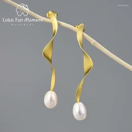 Dangle Earrings Lotus Fun Moment Natural Pearl 18K Gold Long Wave Twisted For Women 925 Sterling Silver Halloween Jewelry