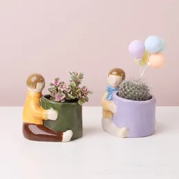 Vasen kreatives Paar kleiner Blumenkarton -Cartoon Boy Girl Sukkulente Töpfe Macetas Dekorativas Keramik für Pflanzen Desktop Wohnkultur