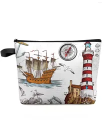 Cosmetic Bags Ancient Lighthouse Sailing Ship Makeup Bag Pouch Travel Essentials Lady Women Toilet Organizer Storage Pencil Case