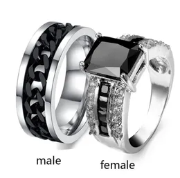 Sz612 TWO RINGS Couple Rings His Hers Agate 10k White Gold Filled Women039s Ring Turnable Black Chain Stainless Steel Mens R4301610